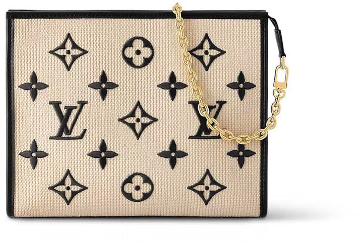 Louis Vuitton Toiletry Pouch on Chain in Black Leather and Beige Raffia
