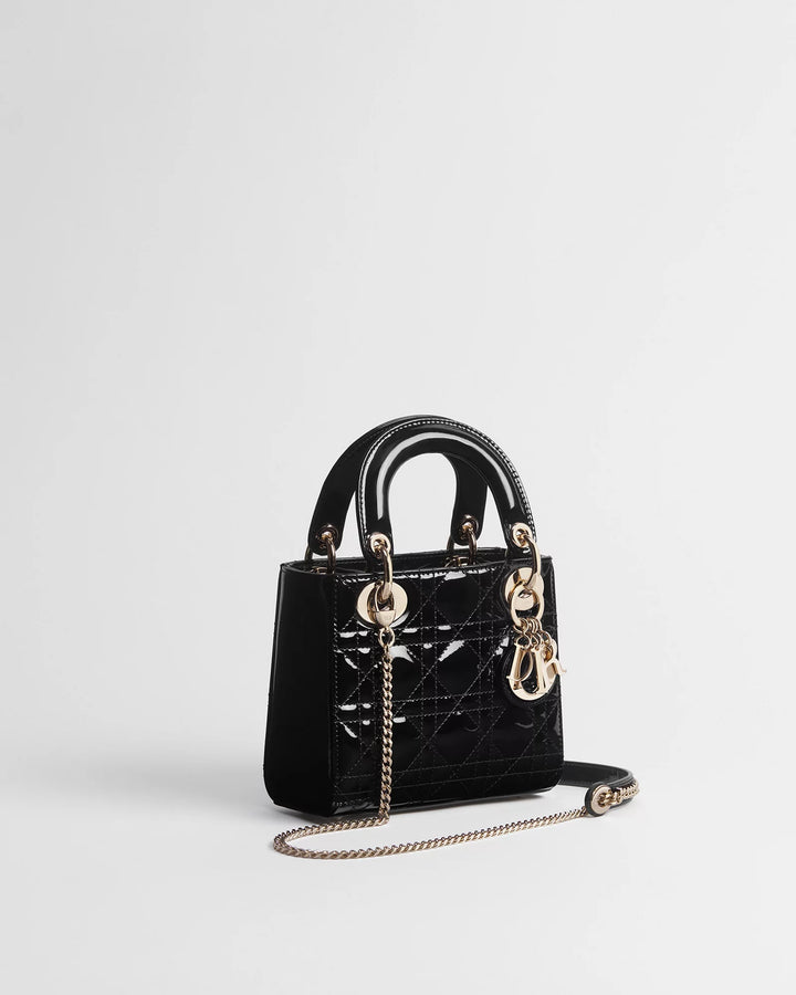 Dior Mini Lady Dior Bag in Black Cannage Patent Leather