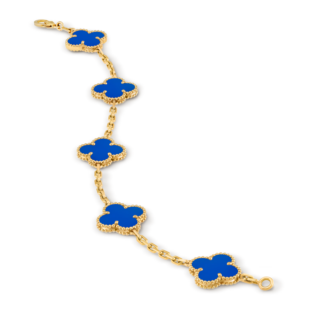 Van Cleef & Arpels Vintage Alhambra Bracelet 5 Motifs in 18K Yellow Gold with Blue Agate