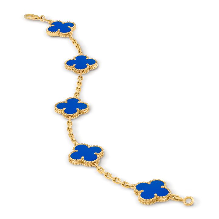 Van Cleef & Arpels Vintage Alhambra Bracelet 5 Motifs in 18K Yellow Gold with Blue Agate