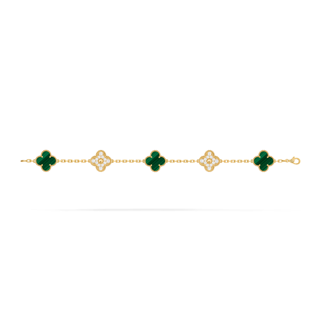 Van Cleef & Arpels Vintage Alhambra Bracelet 5 Motifs in Yellow Gold with Malachite - Gemaee  UAE
