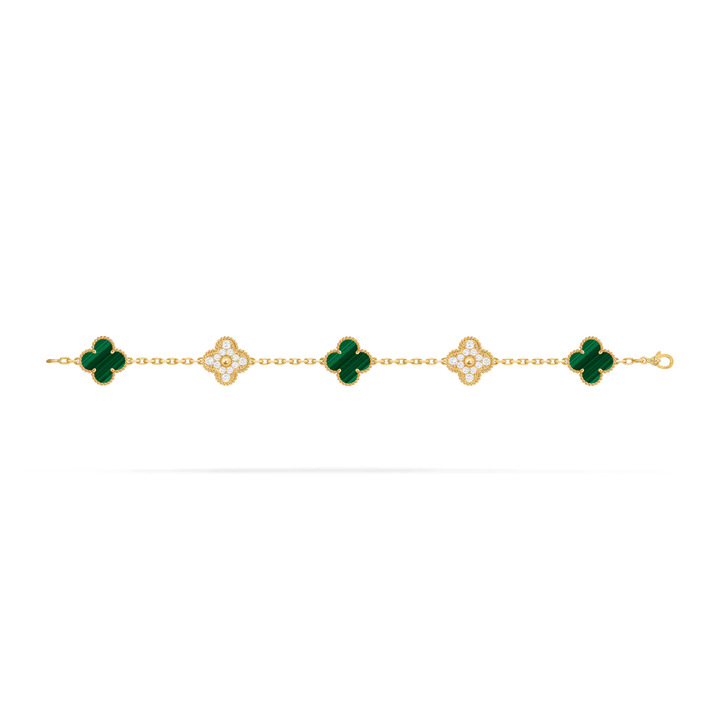 Van Cleef & Arpels Vintage Alhambra Bracelet 5 Motifs in Yellow Gold with Malachite - Gemaee  UAE