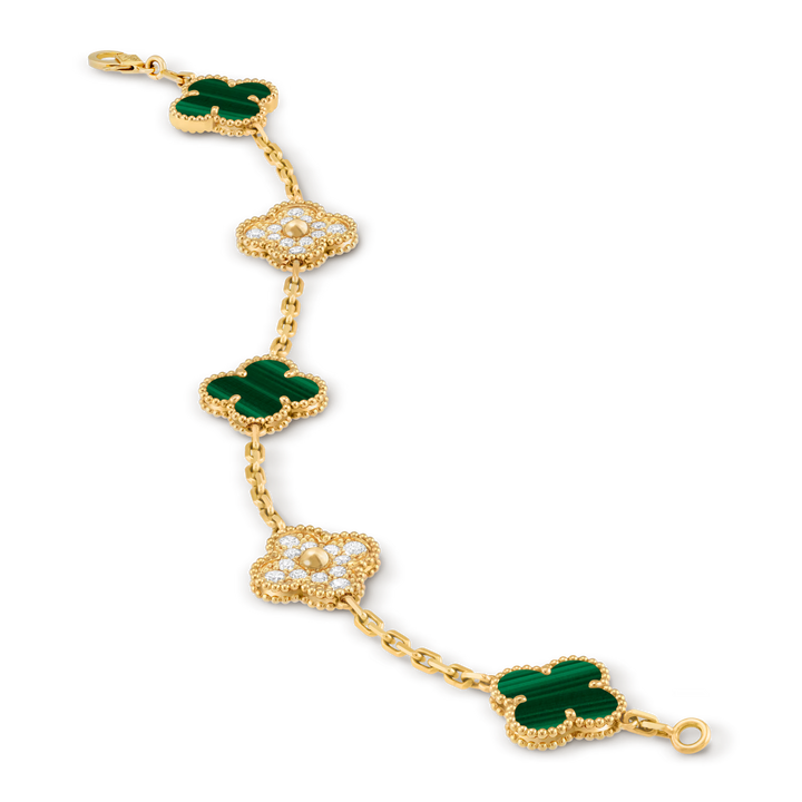 Van Cleef & Arpels Vintage Alhambra Bracelet 5 Motifs in Yellow Gold with Malachite - Gemaee  UAE