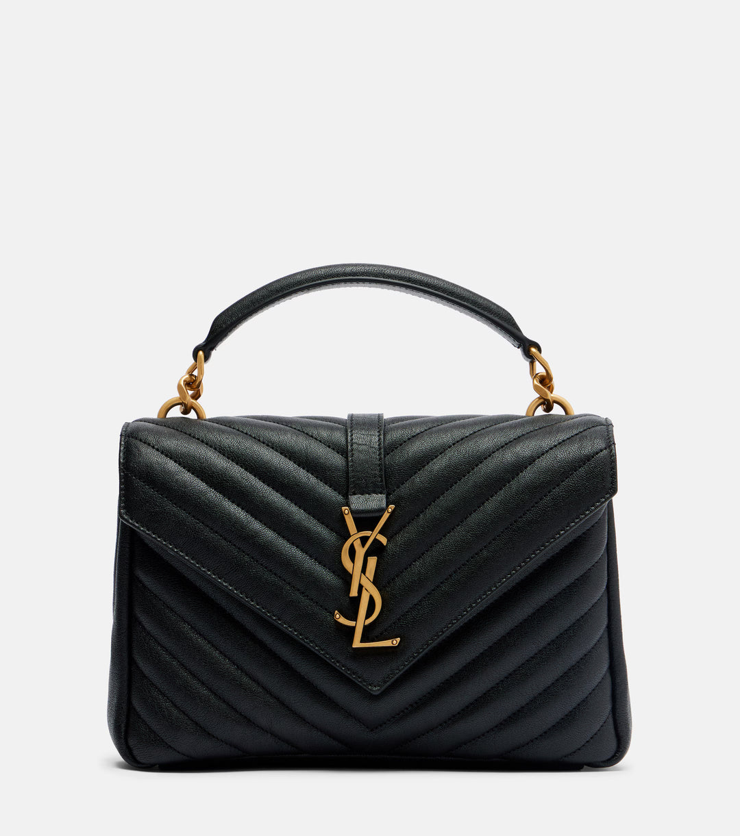 Saint Laurent Collège Medium Shoulder Bag in Black Quilted Lambskin with Antique Gold Tone Hardware