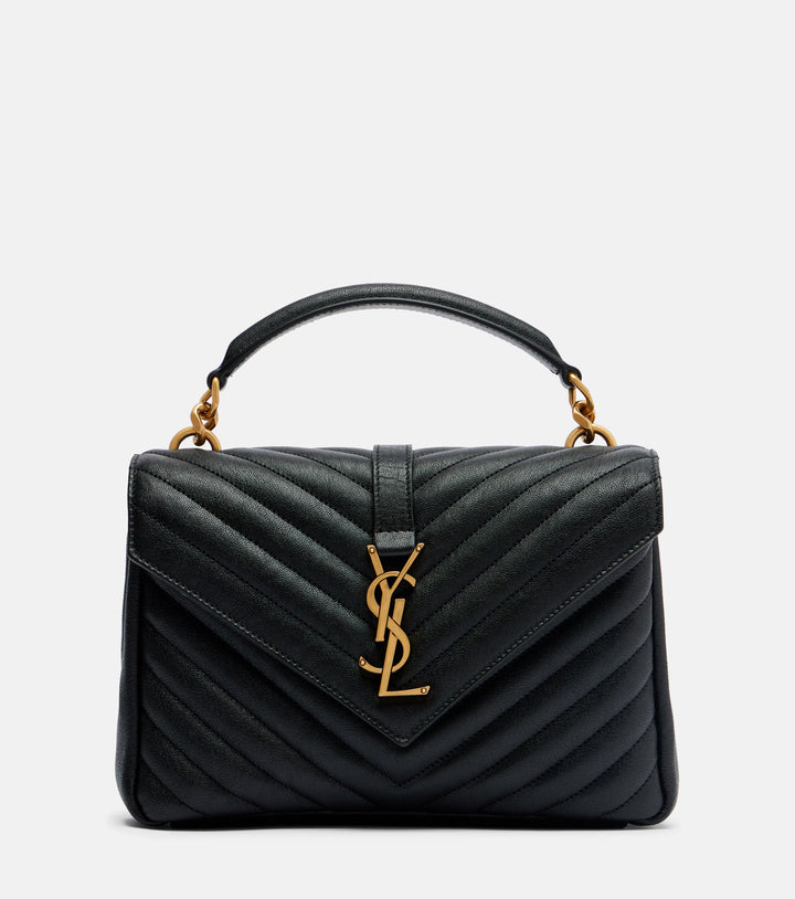 Saint Laurent Collège Medium Shoulder Bag in Black Quilted Lambskin with Antique Gold Tone Hardware
