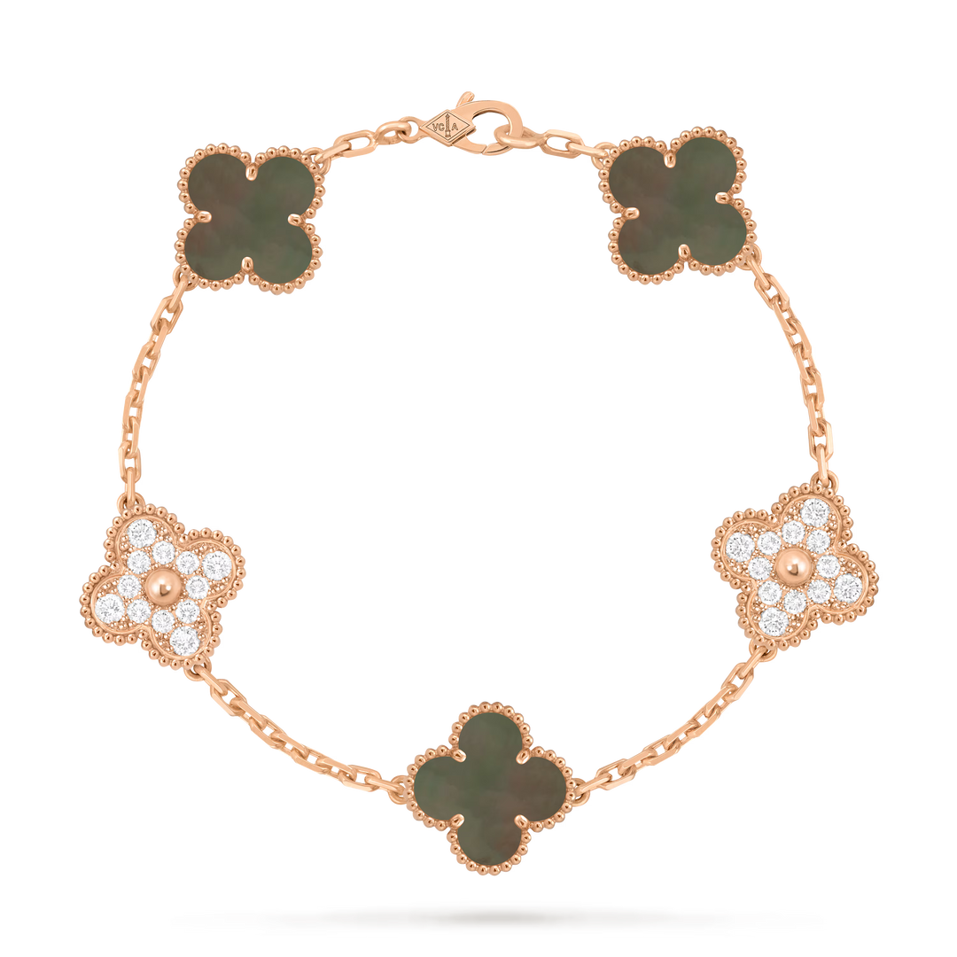 Van Cleef & Arpels Vintage Alhambra 18K Rose Gold Bracelet 5 motifs with Diamond and Mother-of-pearl