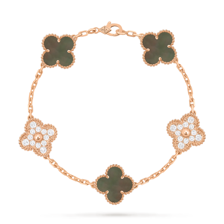 Van Cleef & Arpels Vintage Alhambra 18K Rose Gold Bracelet 5 motifs with Diamond and Mother-of-pearl
