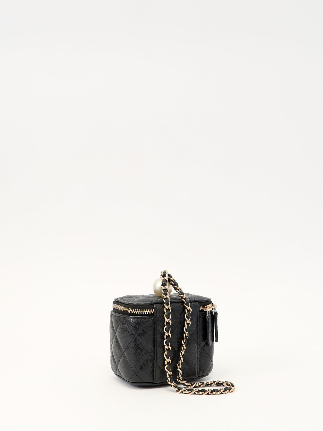Chanel CC Pearl Mini Vanity Case Black Quilted Caviar Leather with Faux Pearl & Leather Top Handle and Gold-Tone Hardware