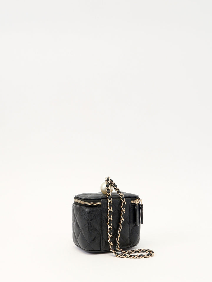 Chanel CC Pearl Mini Vanity Case Black Quilted Caviar Leather with Faux Pearl & Leather Top Handle and Gold-Tone Hardware