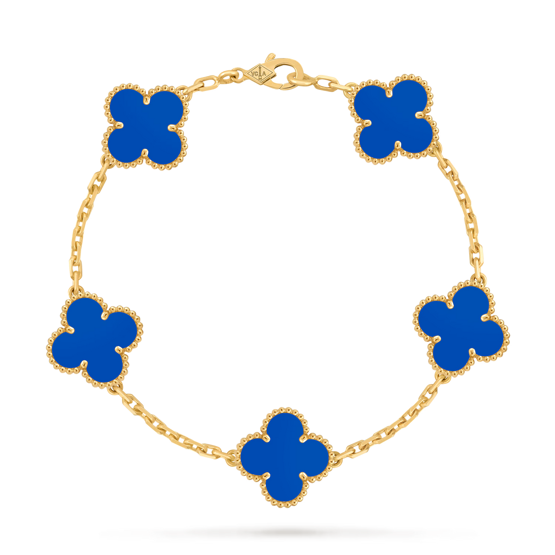 Van Cleef & Arpels Vintage Alhambra Bracelet 5 Motifs in 18K Yellow Gold with Blue Agate