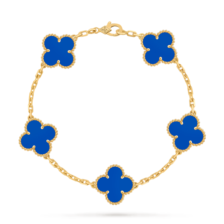 Van Cleef & Arpels Vintage Alhambra Bracelet 5 Motifs in 18K Yellow Gold with Blue Agate