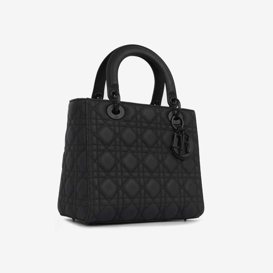 Christian Dior Small Lady Dior Black Ultramatte Cannage Calfskin Bag with Matte Black Hardware