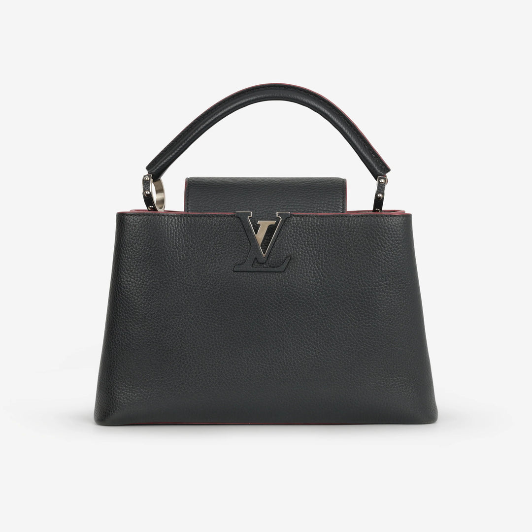 Louis Vuitton Capucines MM in Black Taurillon Leather with Pink Trim and Silver-Tone Hardware