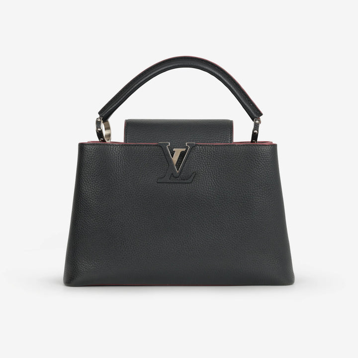 Louis Vuitton Capucines MM in Black Taurillon Leather with Pink Trim and Silver-Tone Hardware