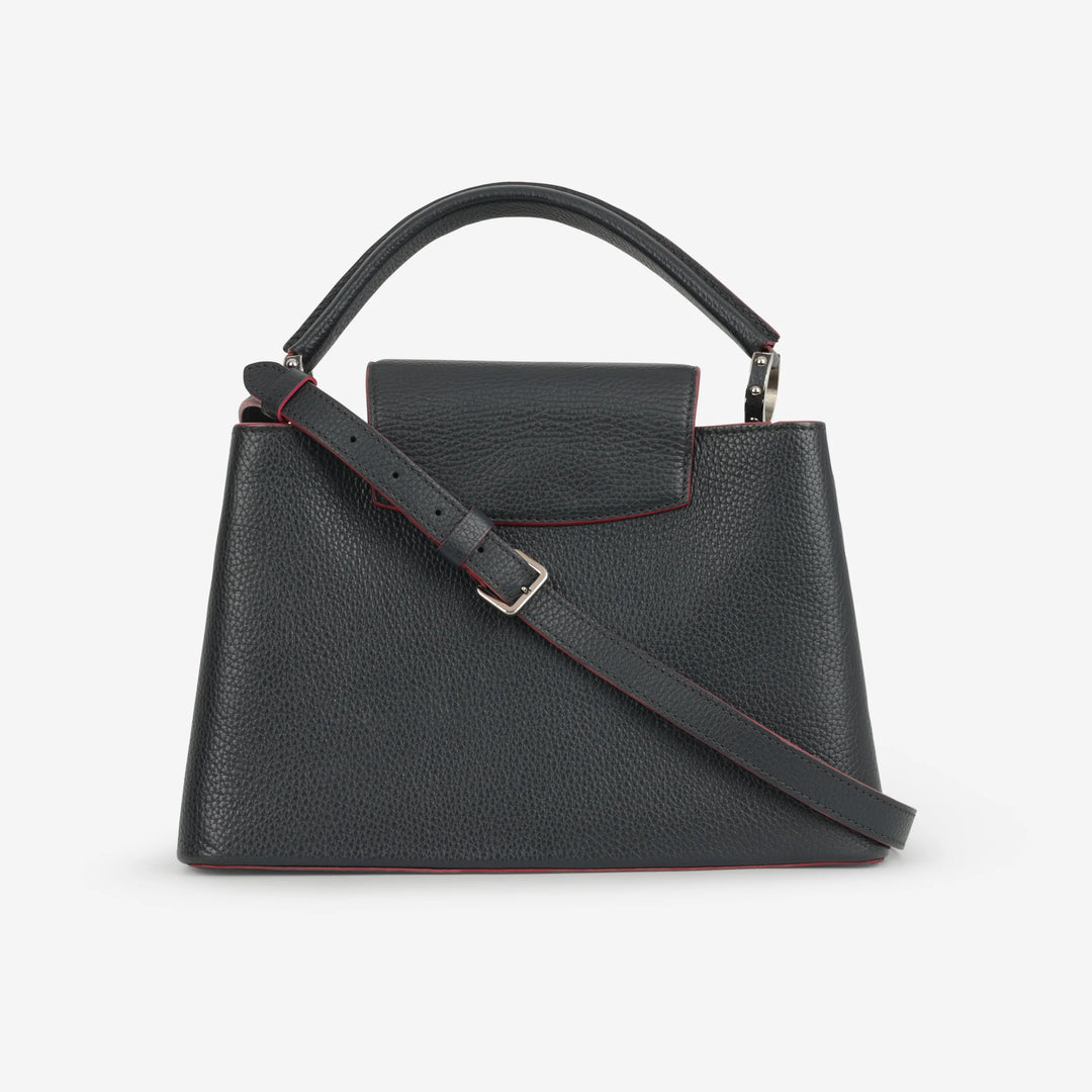 Louis Vuitton Capucines MM in Black Taurillon Leather with Pink Trim and Silver-Tone Hardware