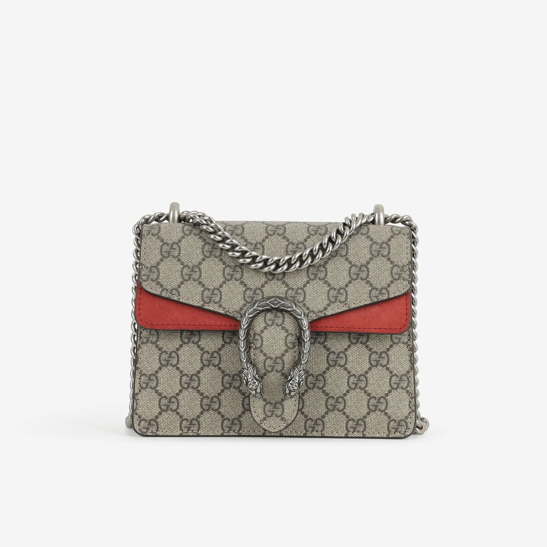 Gucci Dionysus Mini Shoulder Bag in GG Supreme Canvas with Red Suede Lining and Silver Tone Hardware