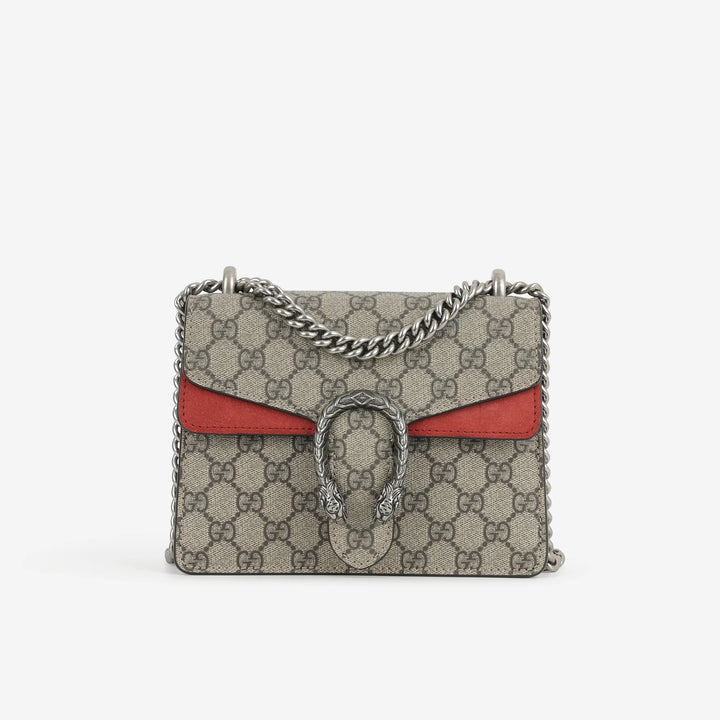 Gucci Dionysus Mini Shoulder Bag in GG Supreme Canvas with Red Suede Lining and Silver Tone Hardware