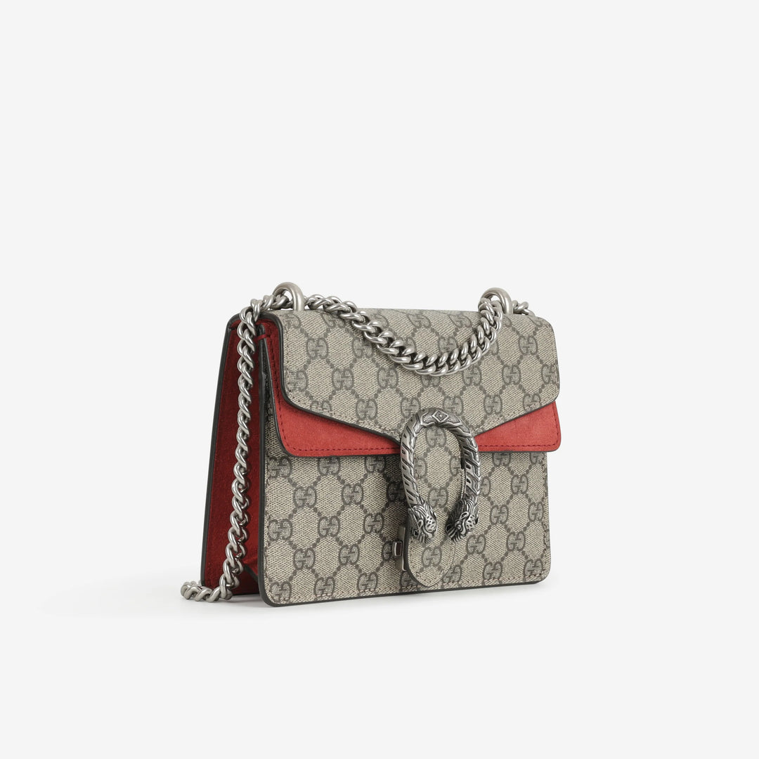 Gucci Dionysus Mini Shoulder Bag in GG Supreme Canvas with Red Suede Lining and Silver Tone Hardware