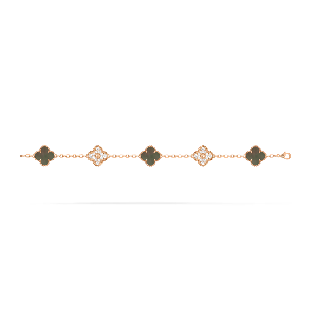 Van Cleef & Arpels Vintage Alhambra 18K Rose Gold Bracelet 5 motifs with Diamond and Mother-of-pearl