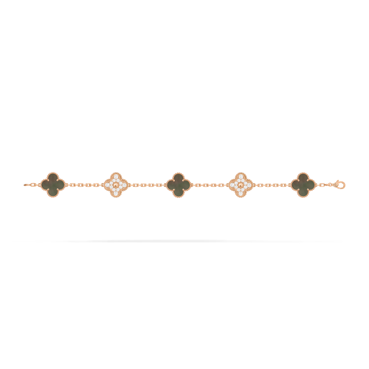 Van Cleef & Arpels Vintage Alhambra 18K Rose Gold Bracelet 5 motifs with Diamond and Mother-of-pearl