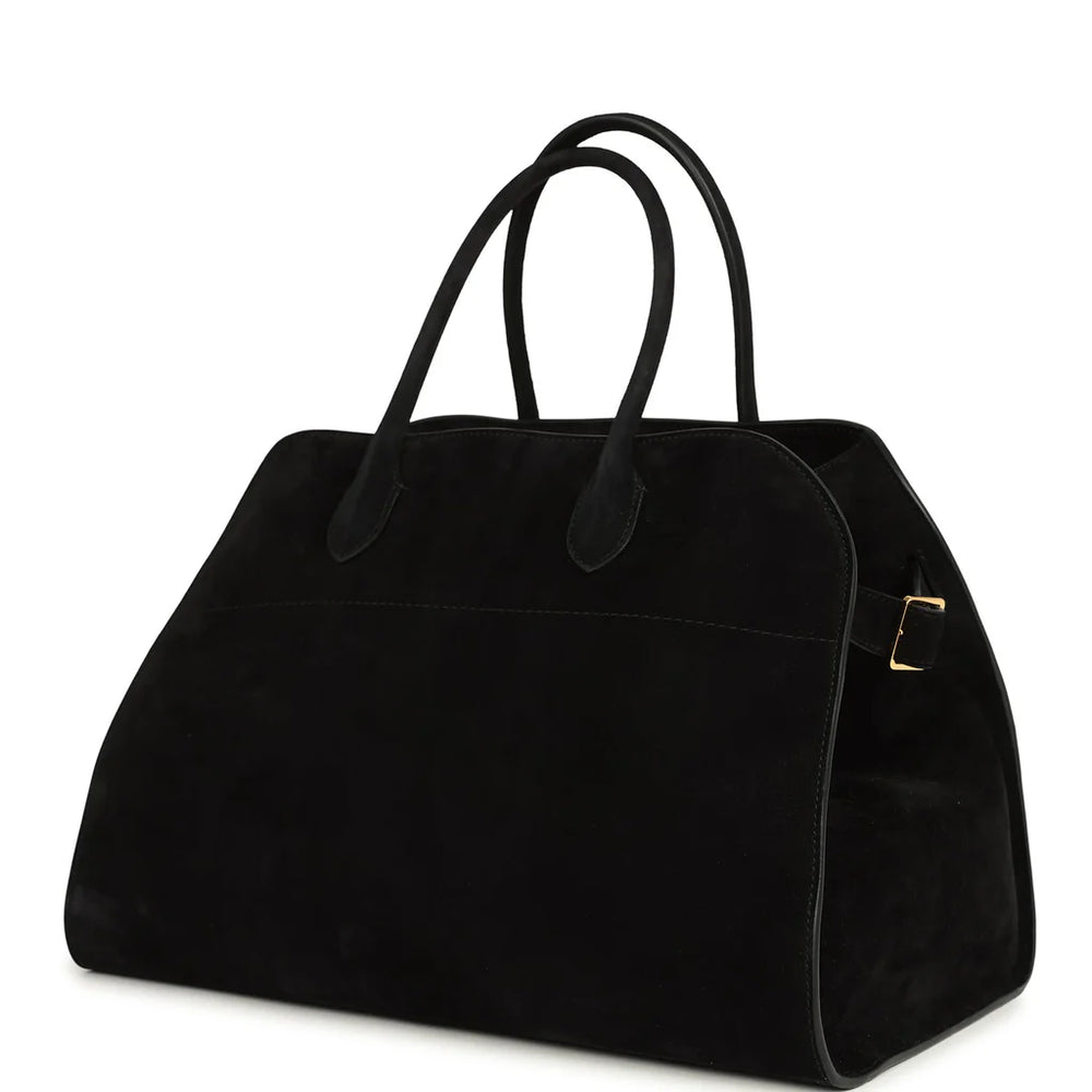 The Row Soft Margaux 12 Top Handle Bag in Black Suede with Gold Hardware - Gemaee  UAE