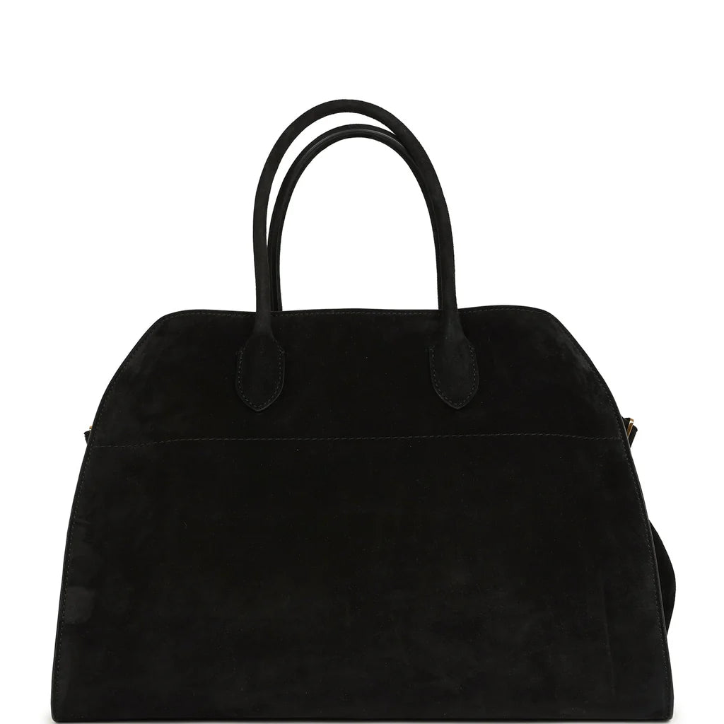 The Row Soft Margaux 12 Top Handle Bag in Black Suede with Gold Hardware - Gemaee  UAE