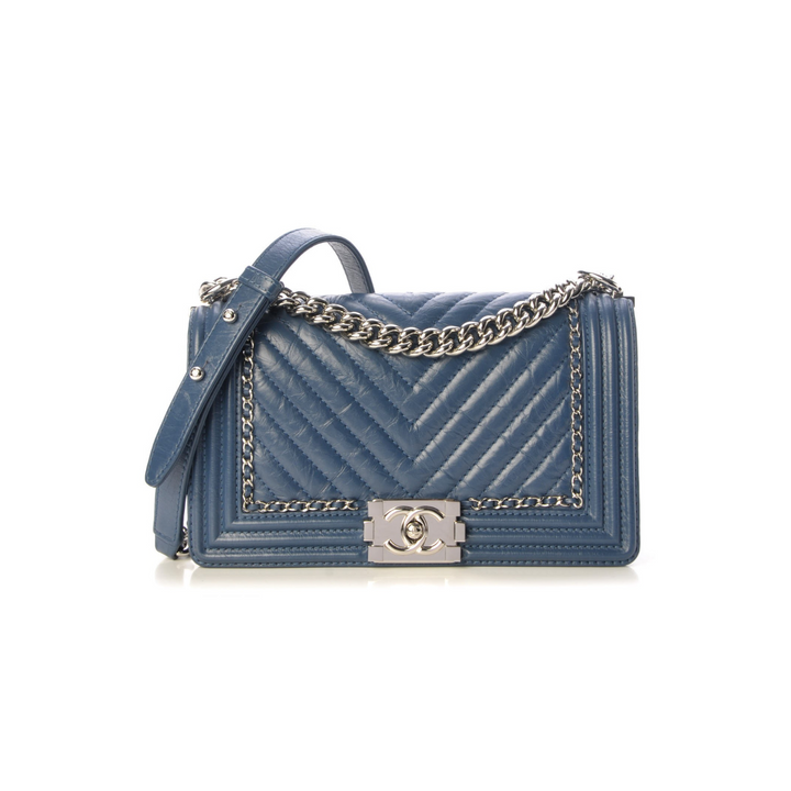 Chanel Aged Calfskin Chevron Quilted Medium Jacket Boy Flap Navy Blue Bag