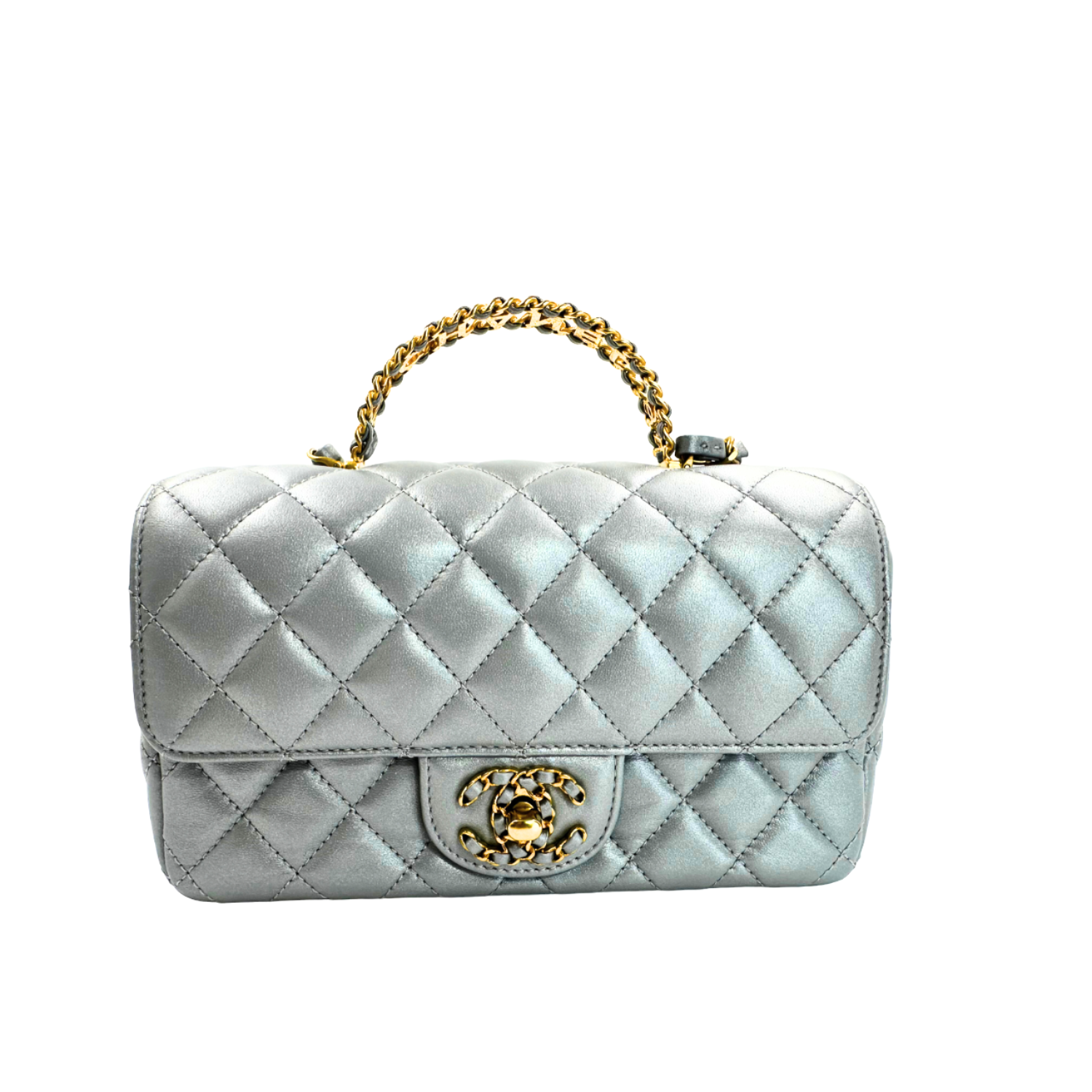 Chanel Mini Rect Top Handle Grey Lambskin Flap Bag