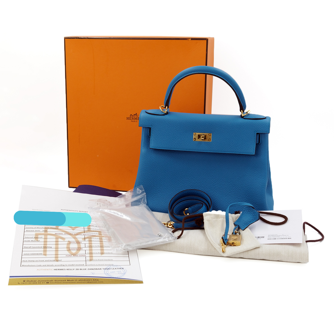 Hermès Togo Kelly Retourne 28 Bleu Zanzibar Gold Hardware Bag