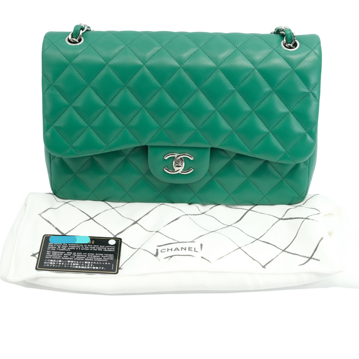 Chanel Green Timeless Lambskin Leather Classic Jumbo Double Flap Bag