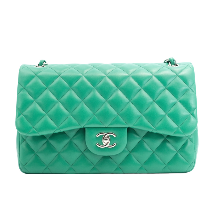 Chanel Green Timeless Lambskin Leather Classic Jumbo Double Flap Bag