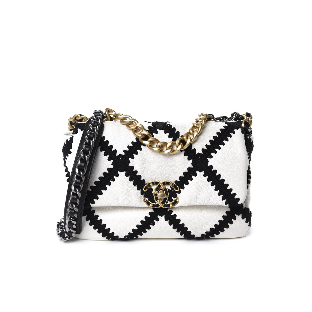 Chanel Calfskin Crochet Medium Chanel 19 Flap White Black Bag - Gemaee  UAE