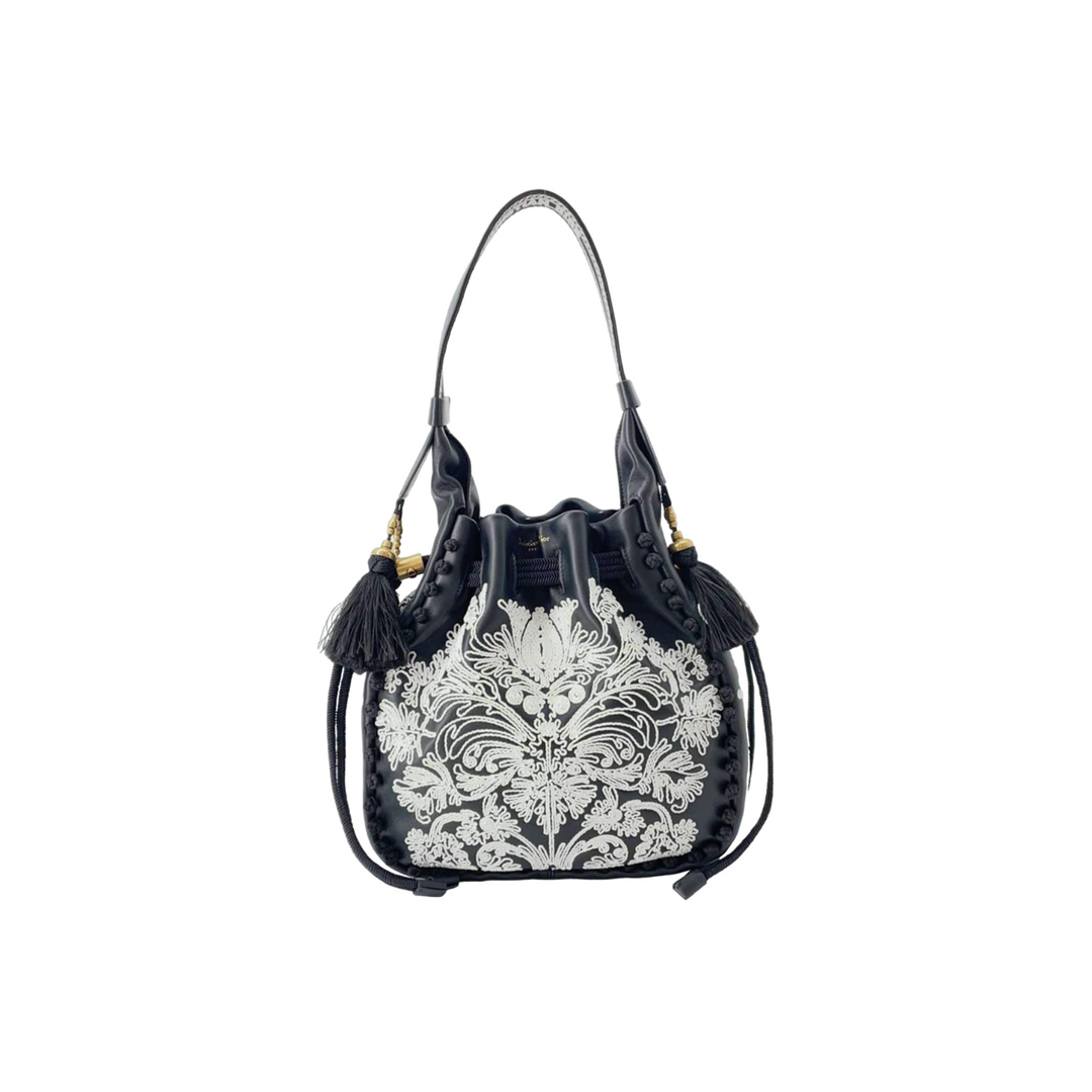 Dior Black/White Lambskin Ornamental Cornely-Effect Hobo Bucket Bag - Gemaee  UAE