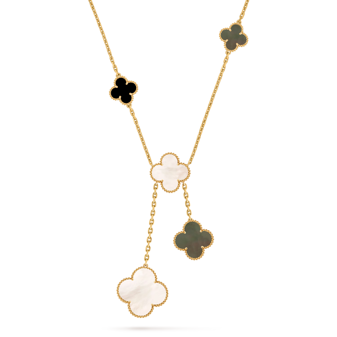 Van Cleef & Arpels Magic Alhambra 6 Motifs Necklace in 18K Yellow Gold with Mother of Pearl & Onyx