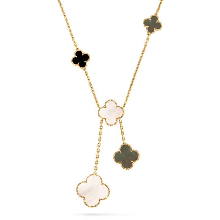 Van Cleef & Arpels Magic Alhambra 6 Motifs Necklace in 18K Yellow Gold with Mother of Pearl & Onyx