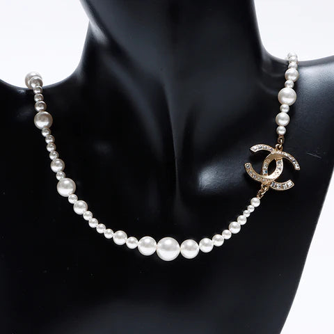 Chanel A19V Pearl CC Long Necklace in Gold Tone Metal & White Faux Pearls