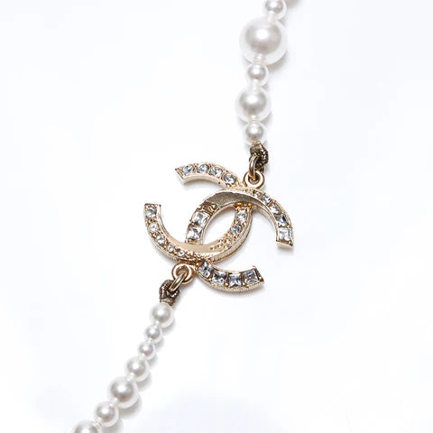 Chanel A19V Pearl CC Long Necklace in Gold Tone Metal & White Faux Pearls