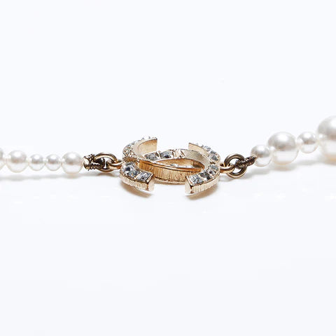 Chanel A19V Pearl CC Long Necklace in Gold Tone Metal & White Faux Pearls