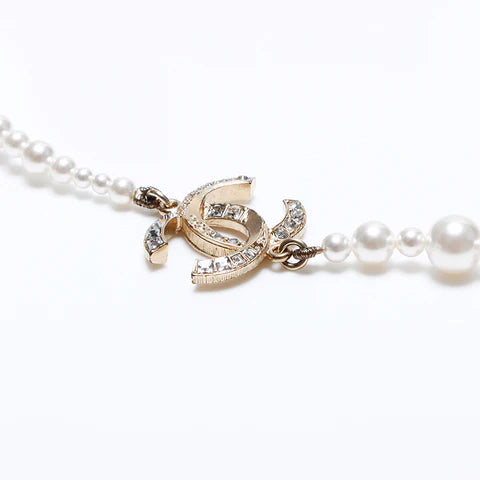 Chanel A19V Pearl CC Long Necklace in Gold Tone Metal & White Faux Pearls