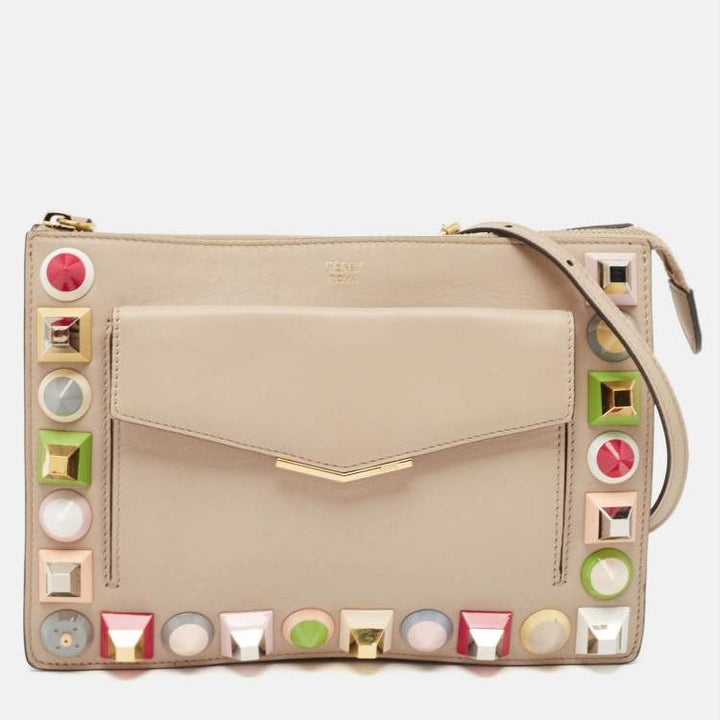 Fendi Beige Leather Rainbow Stud Crossbody Bag