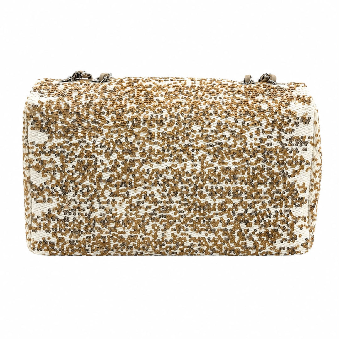 Chanel Large Flap Bag in Ivory Raffia and Sequin with Silver Hardware