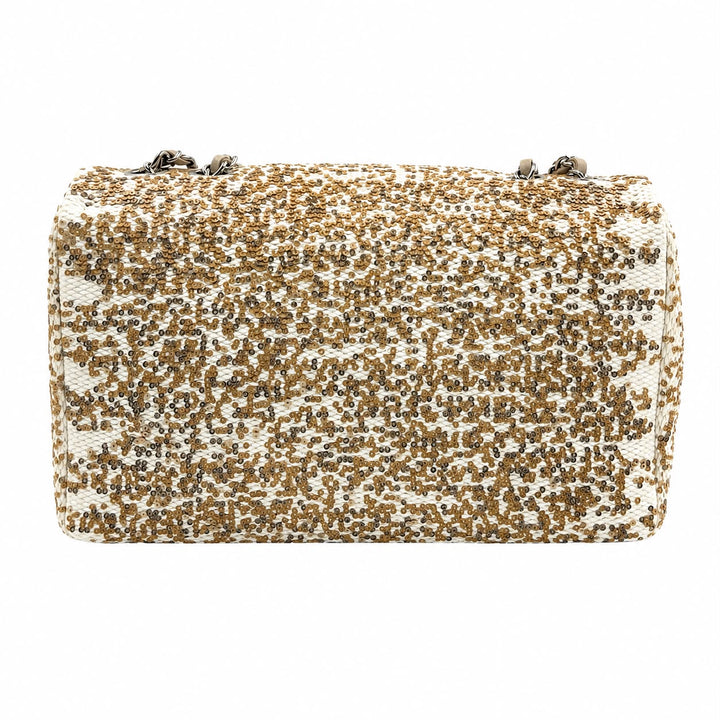 Chanel Large Flap Bag in Ivory Raffia and Sequin with Silver Hardware