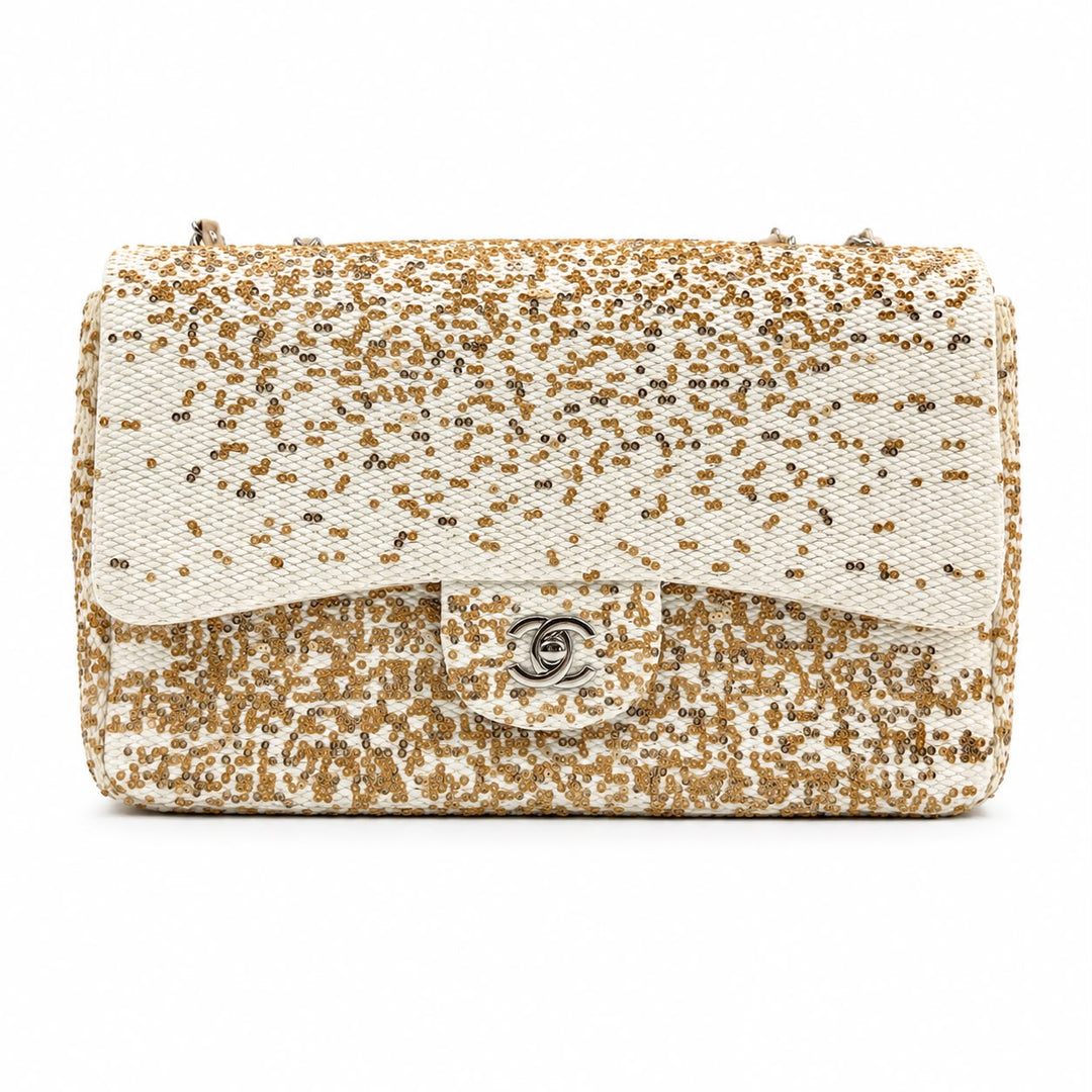 Chanel Large Flap Bag in Ivory Raffia and Sequin with Silver Hardware