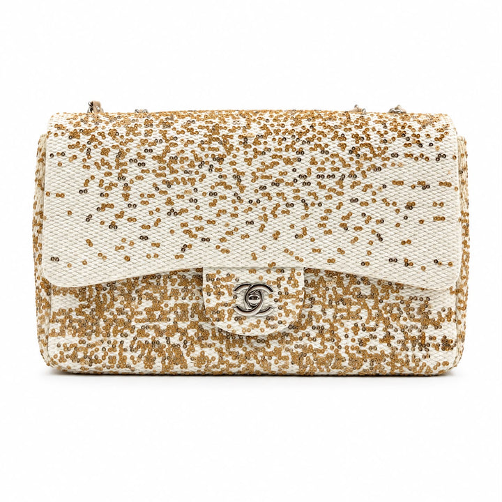 Chanel Large Flap Bag in Ivory Raffia and Sequin with Silver Hardware