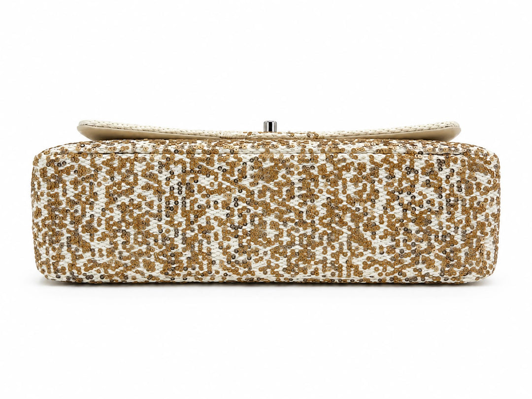 Chanel Large Flap Bag in Ivory Raffia and Sequin with Silver Hardware