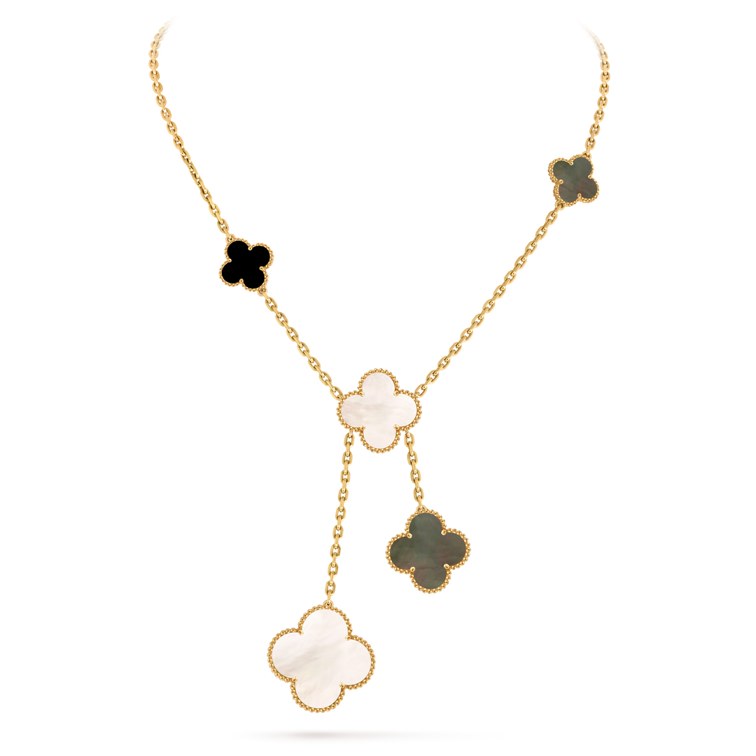 Van Cleef & Arpels Magic Alhambra 6 Motifs Necklace in 18K Yellow Gold with Mother of Pearl & Onyx