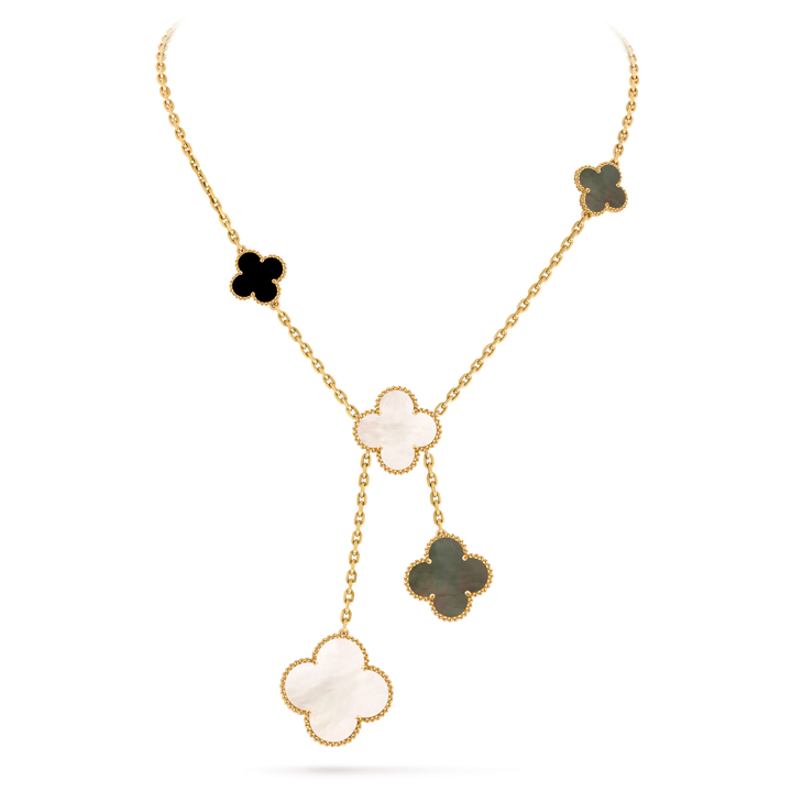 Van Cleef & Arpels Magic Alhambra 6 Motifs Necklace in 18K Yellow Gold with Mother of Pearl & Onyx