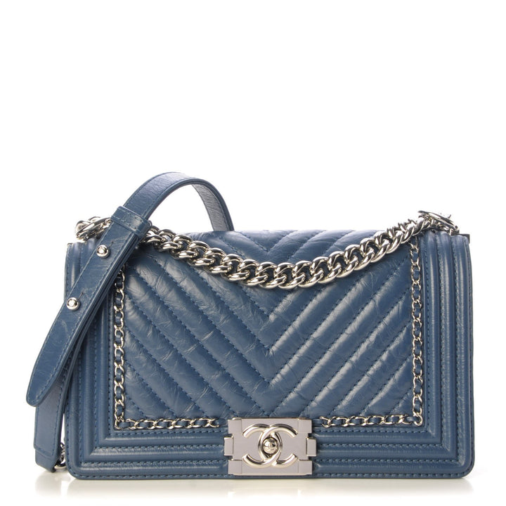 Chanel Aged Calfskin Chevron Quilted Medium Jacket Boy Flap Navy Blue Bag