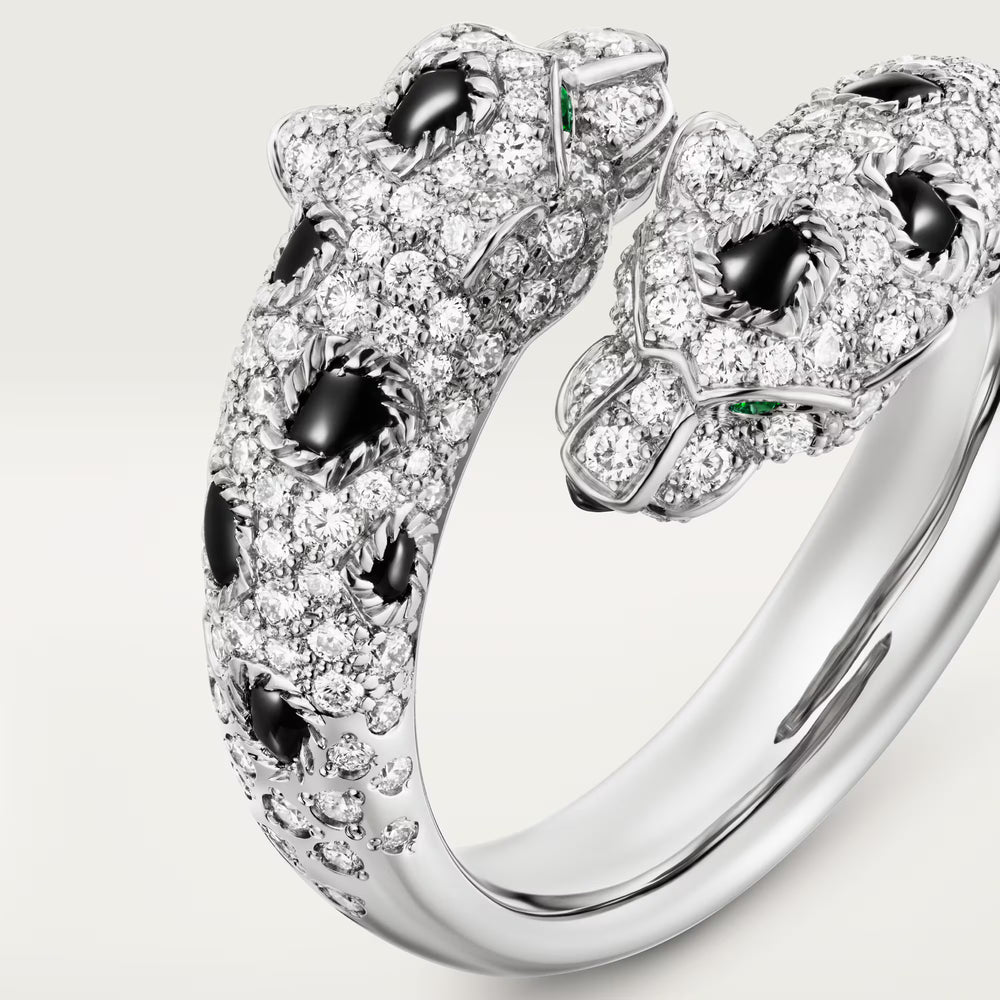 Cartier Panthère de Cartier Semi Paved Ring in 18K White Gold with Diamonds Emeralds and Onyx - Gemaee  UAE