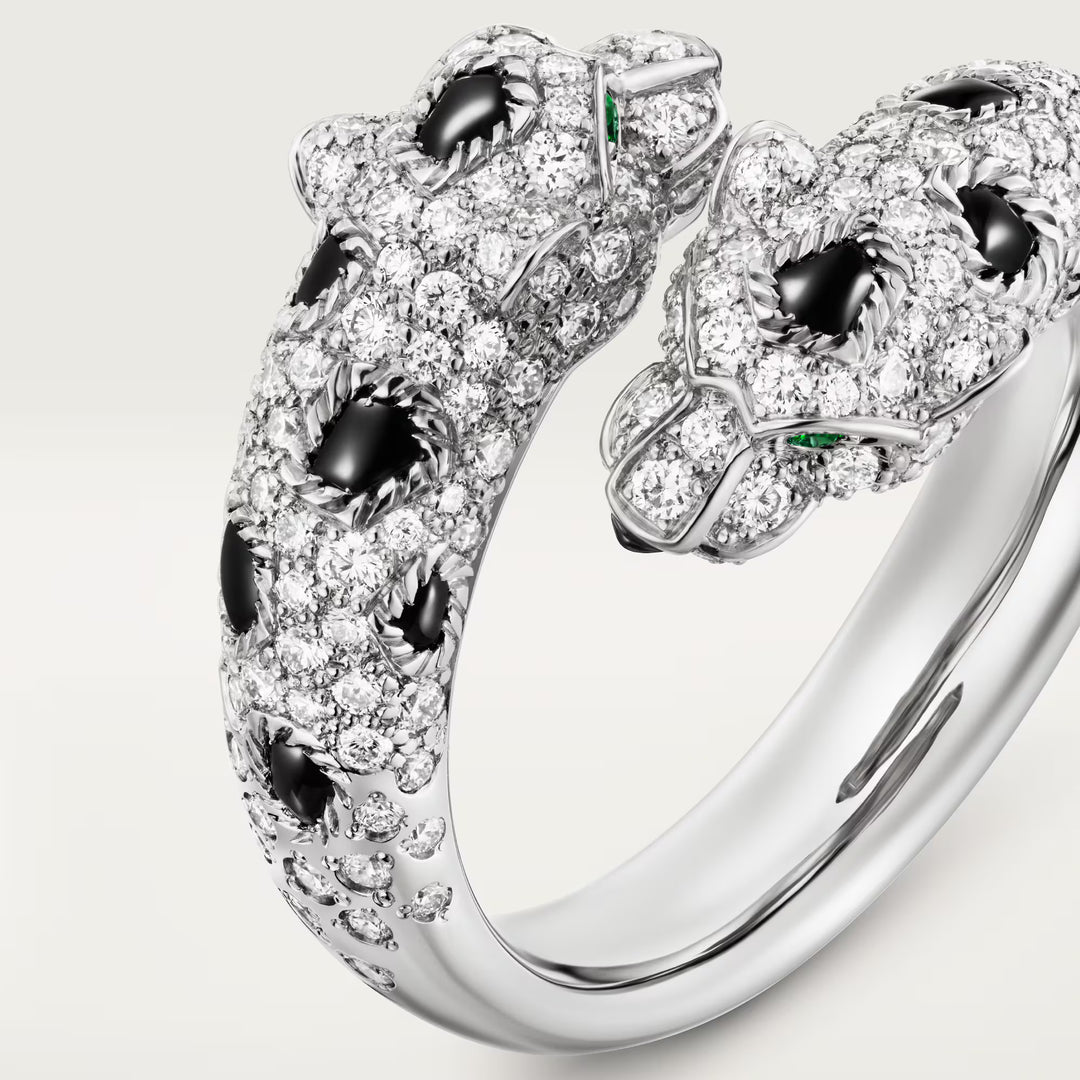 Cartier Panthère de Cartier Semi Paved Ring in 18K White Gold with Diamonds Emeralds and Onyx - Gemaee  UAE